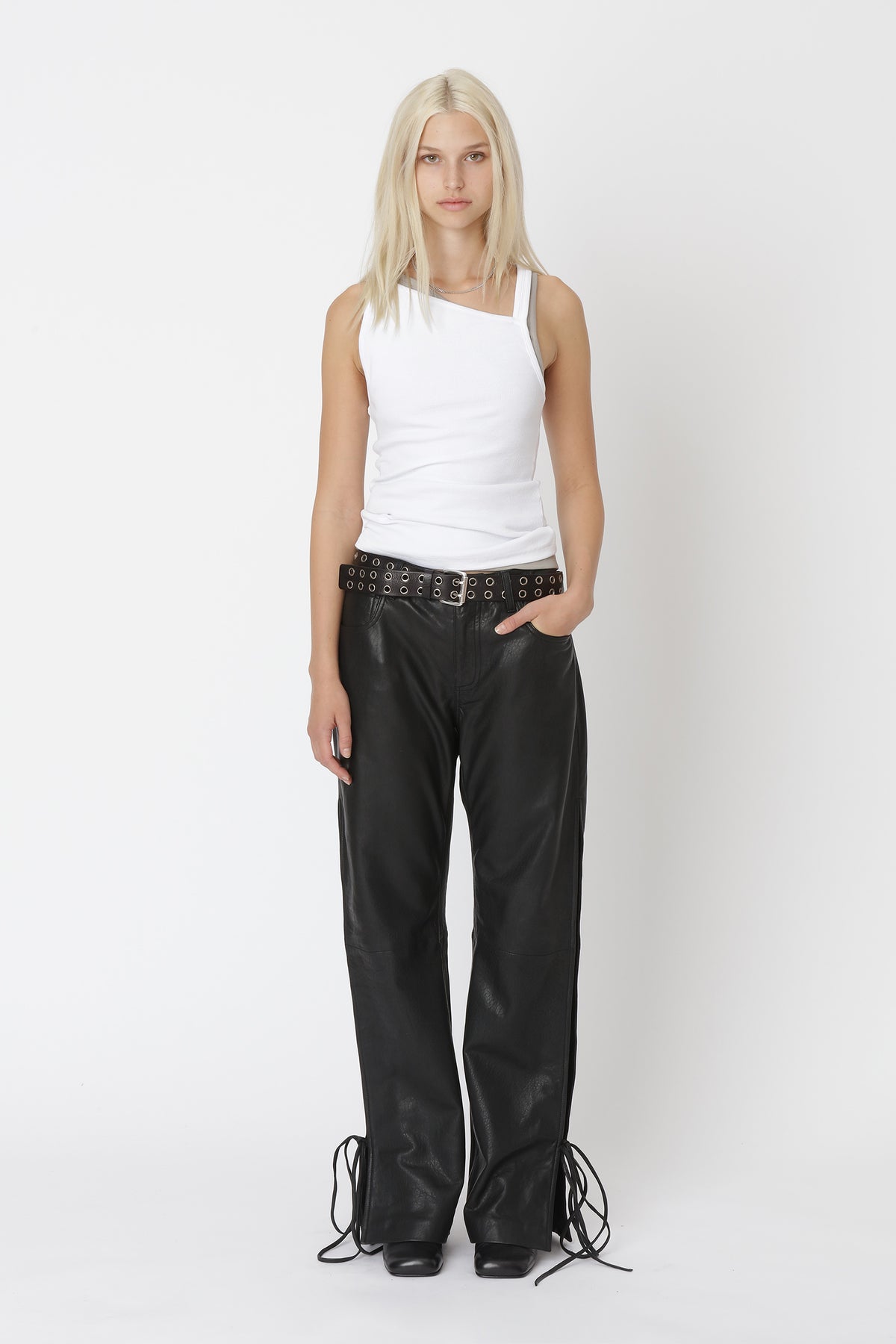 Baggy leren broek met koord - Zwart