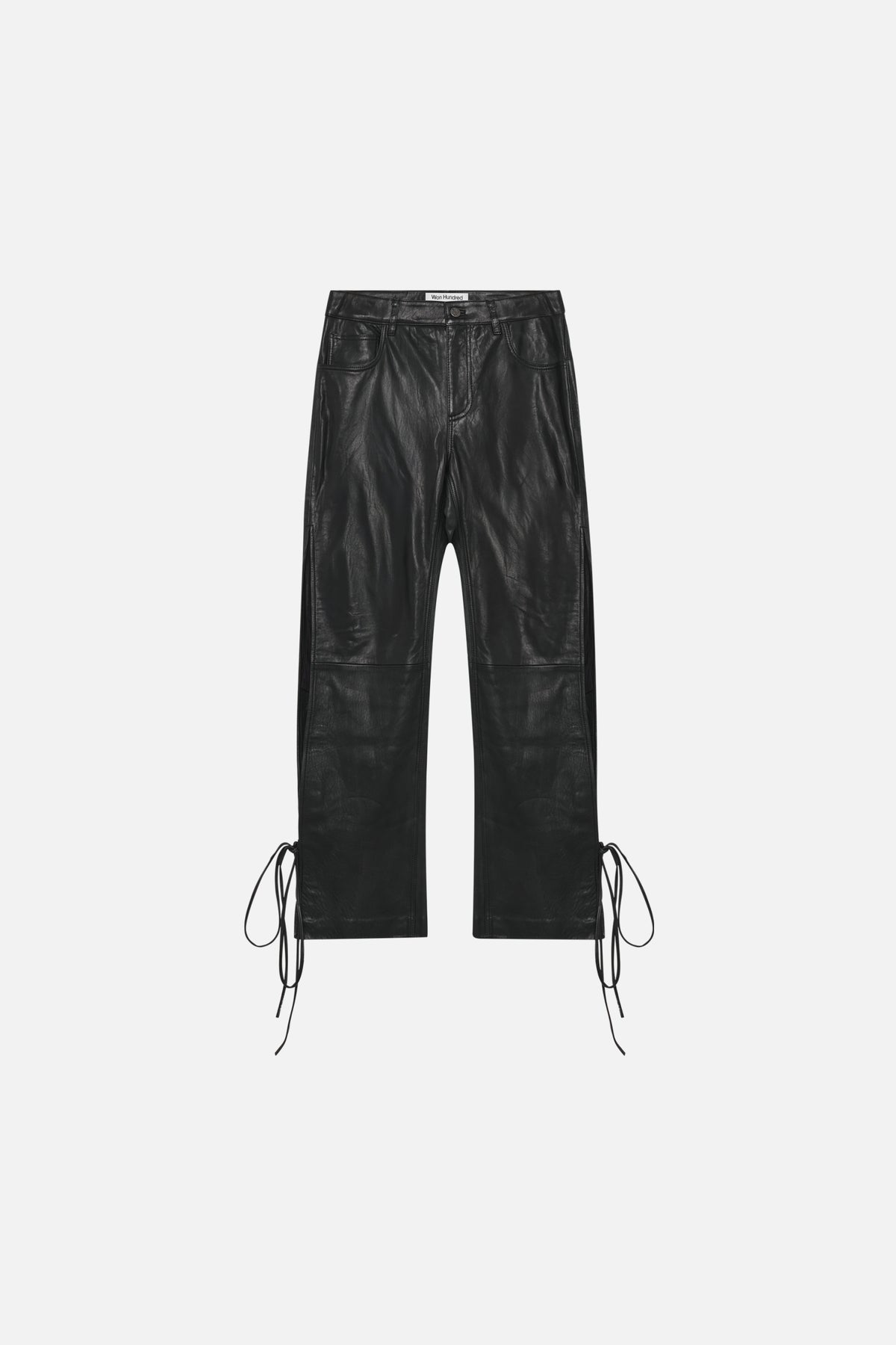 Baggy leren broek met koord - Zwart
