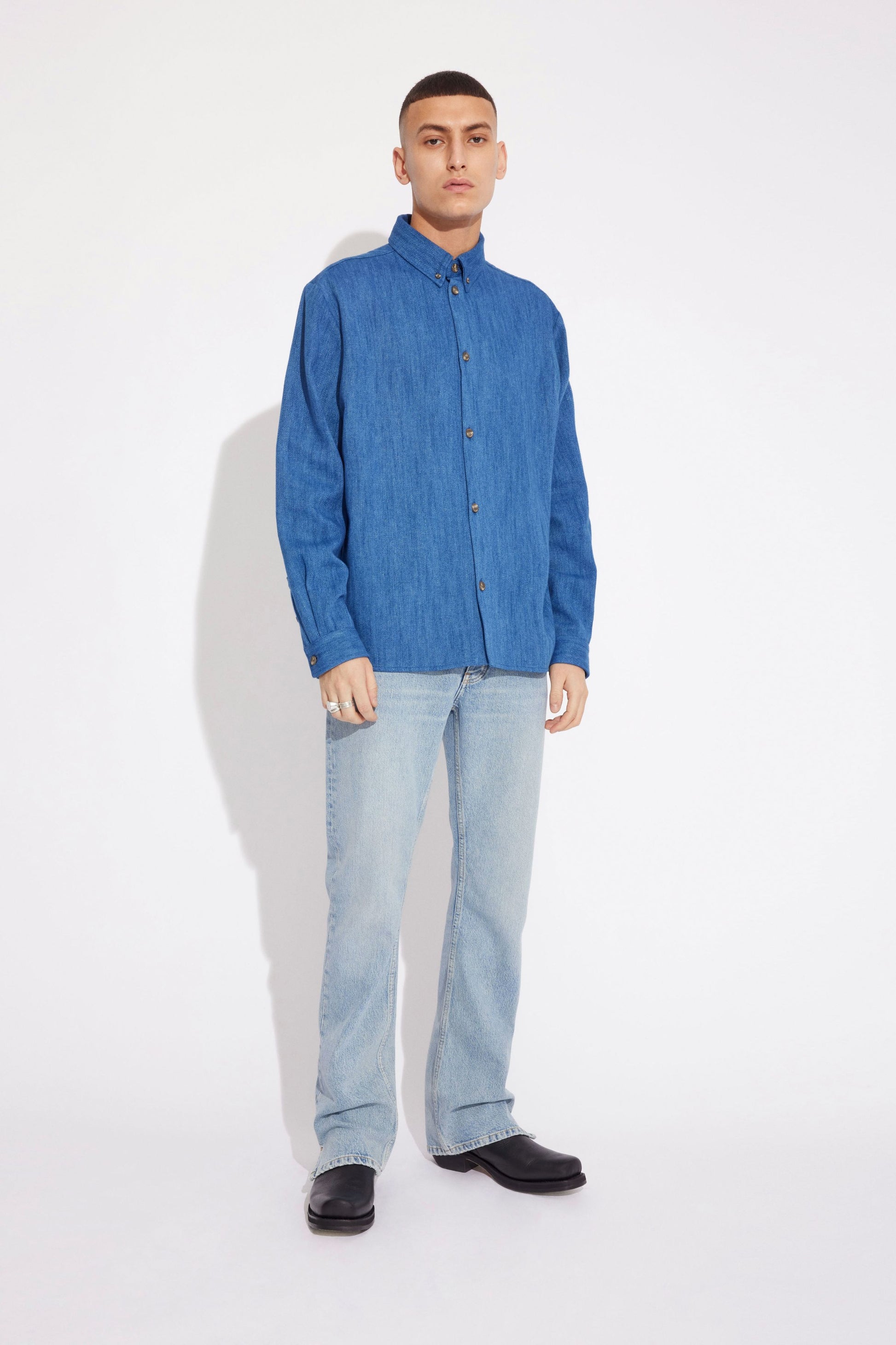 Won Hundred Men Box Shirt Shirt Blue Denim