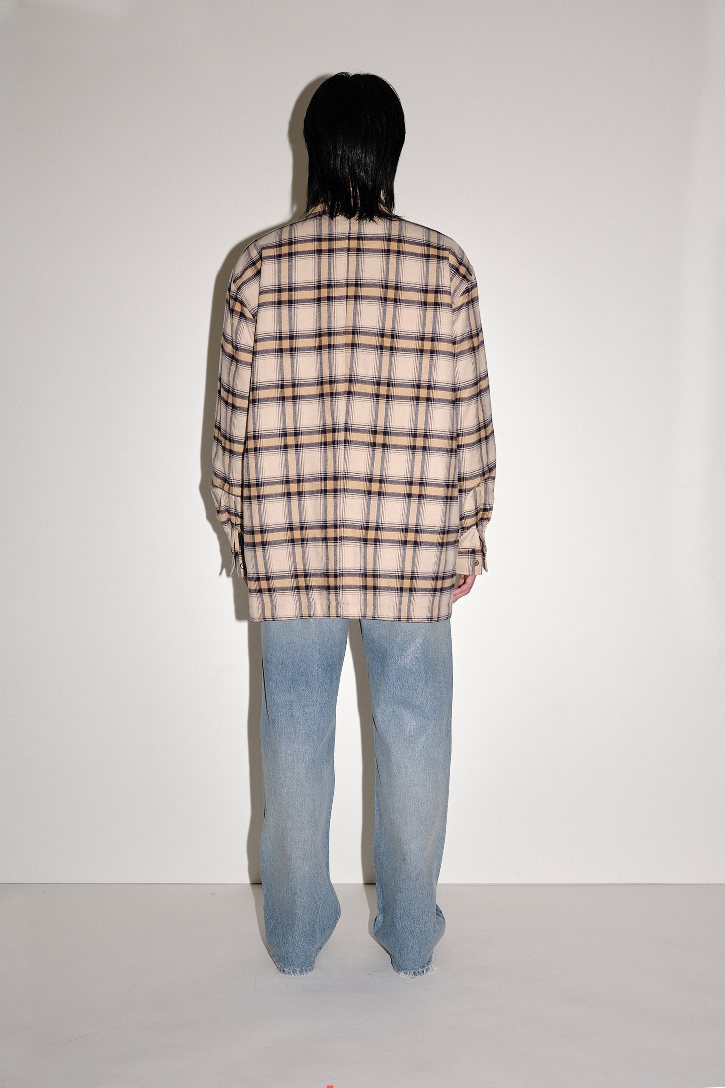 Won Hundred Men Maza Long Check Shirt Jacket Camel Check