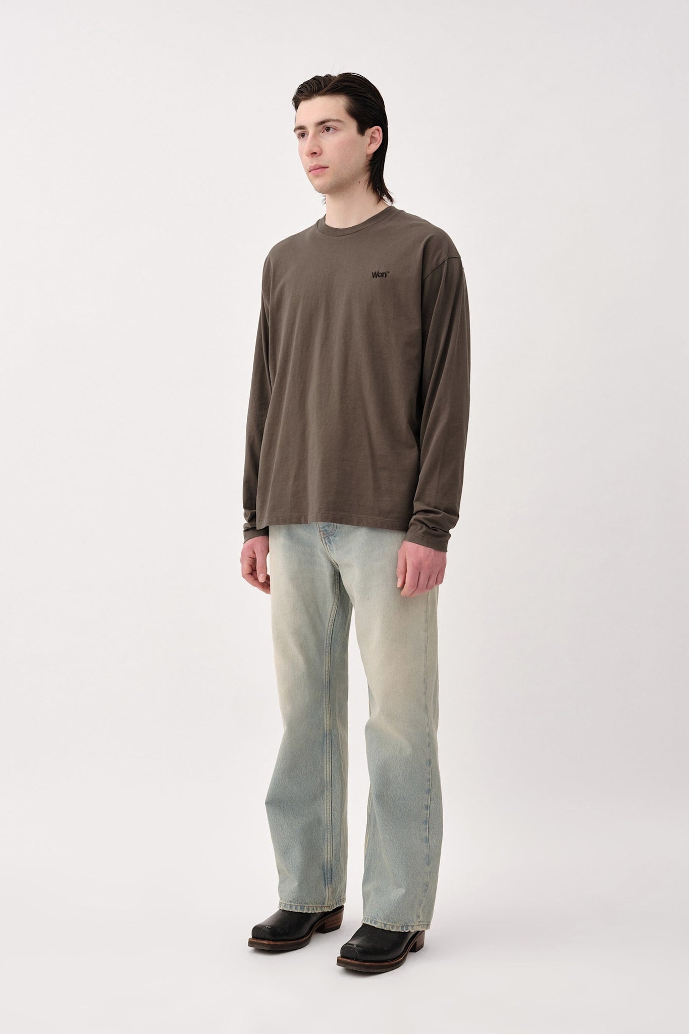 Won Hundred Men The Staff Tee LS Embroidery M T-shirt Black Olive