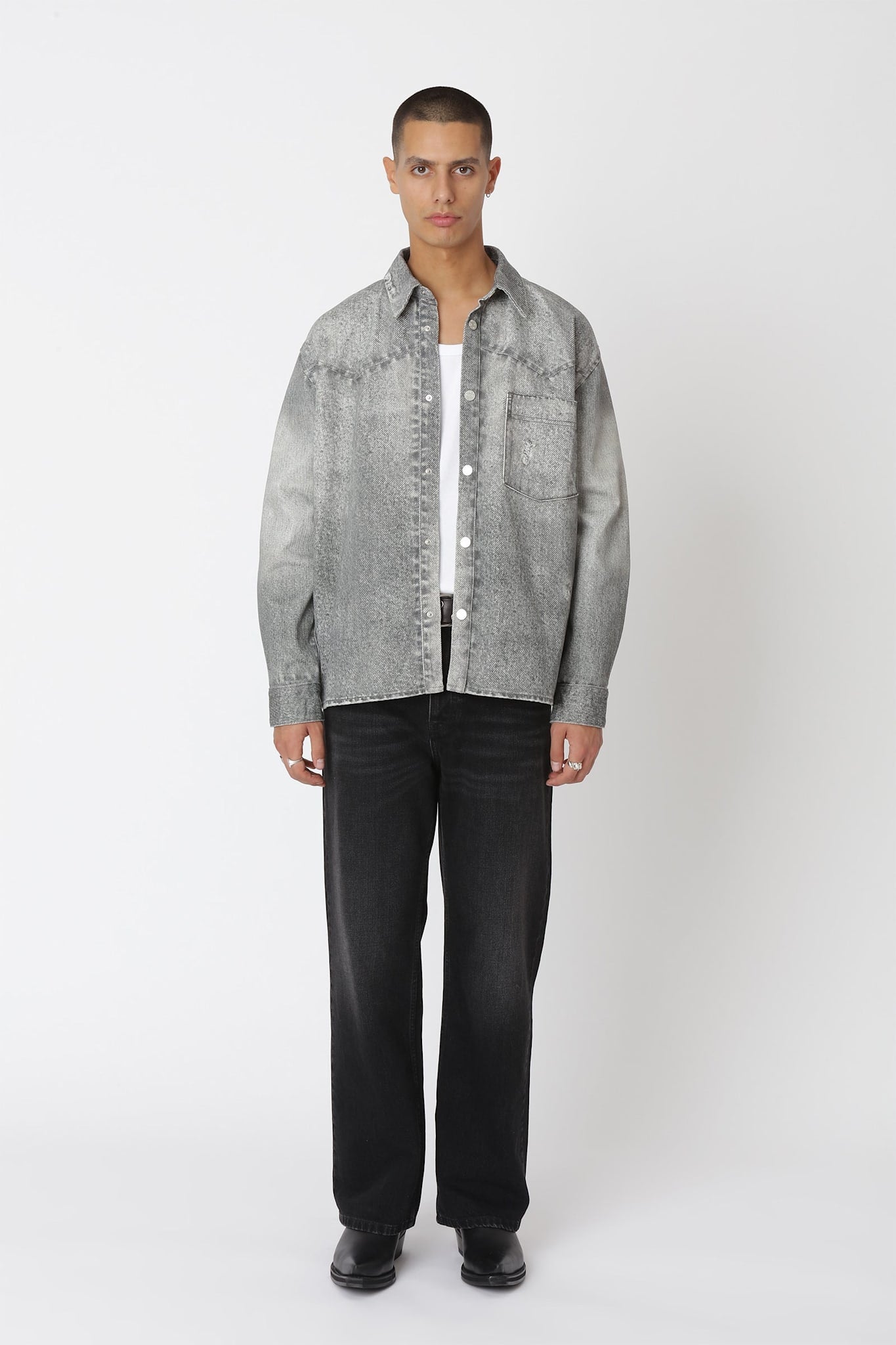 Won Hundred Men Zayne Printed Denim Shirt Denim Digital and Rinse Grey