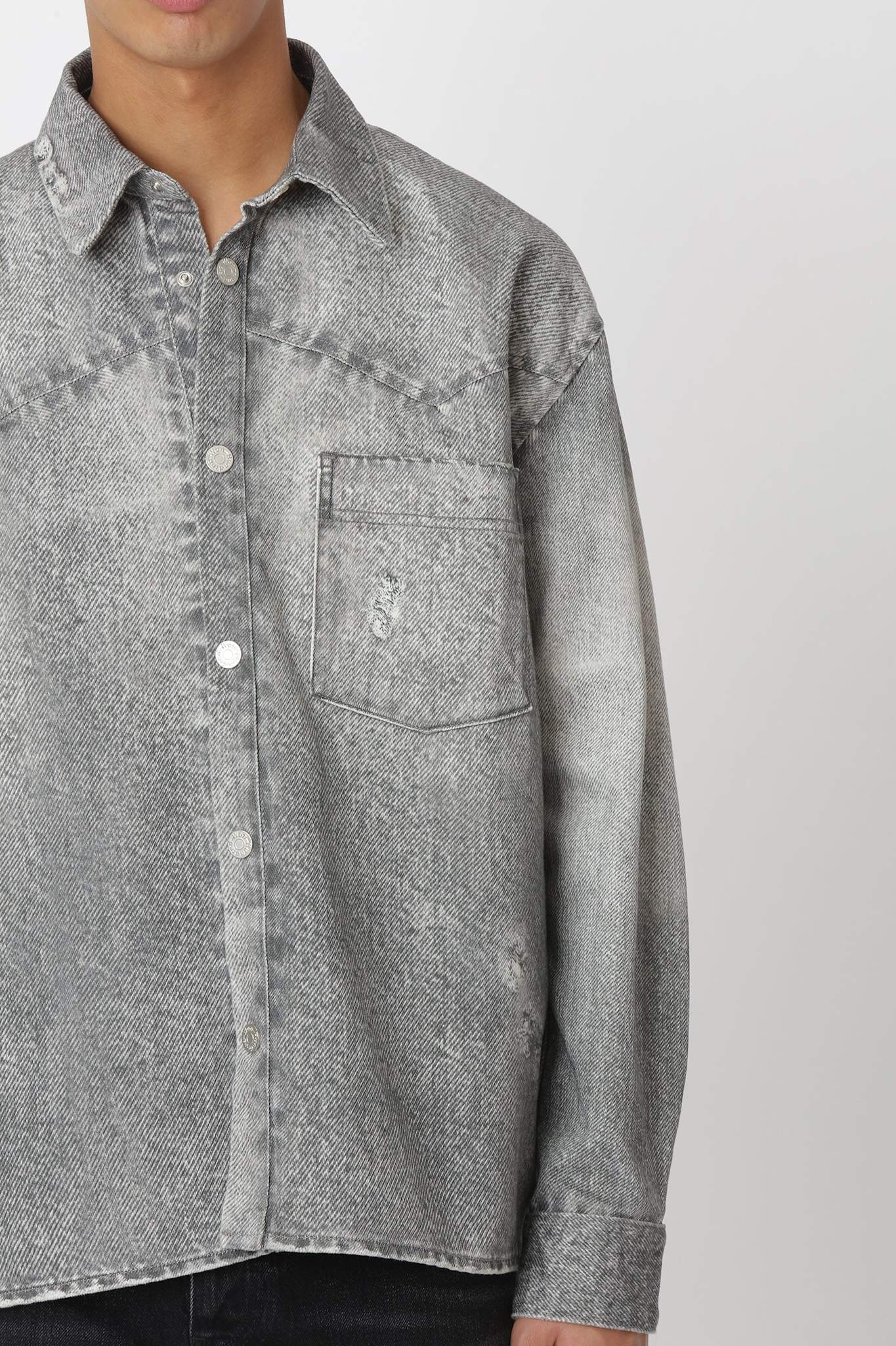Won Hundred Men Zayne Printed Denim Shirt Denim Digital and Rinse Grey