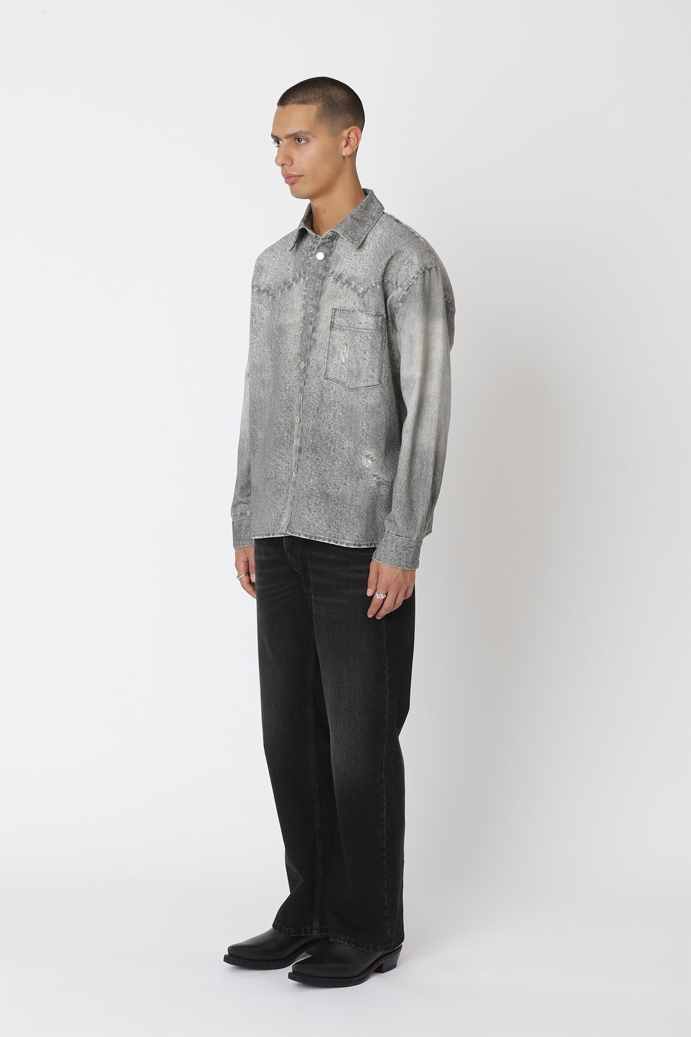 Won Hundred Men Zayne Printed Denim Shirt Denim Digital and Rinse Grey